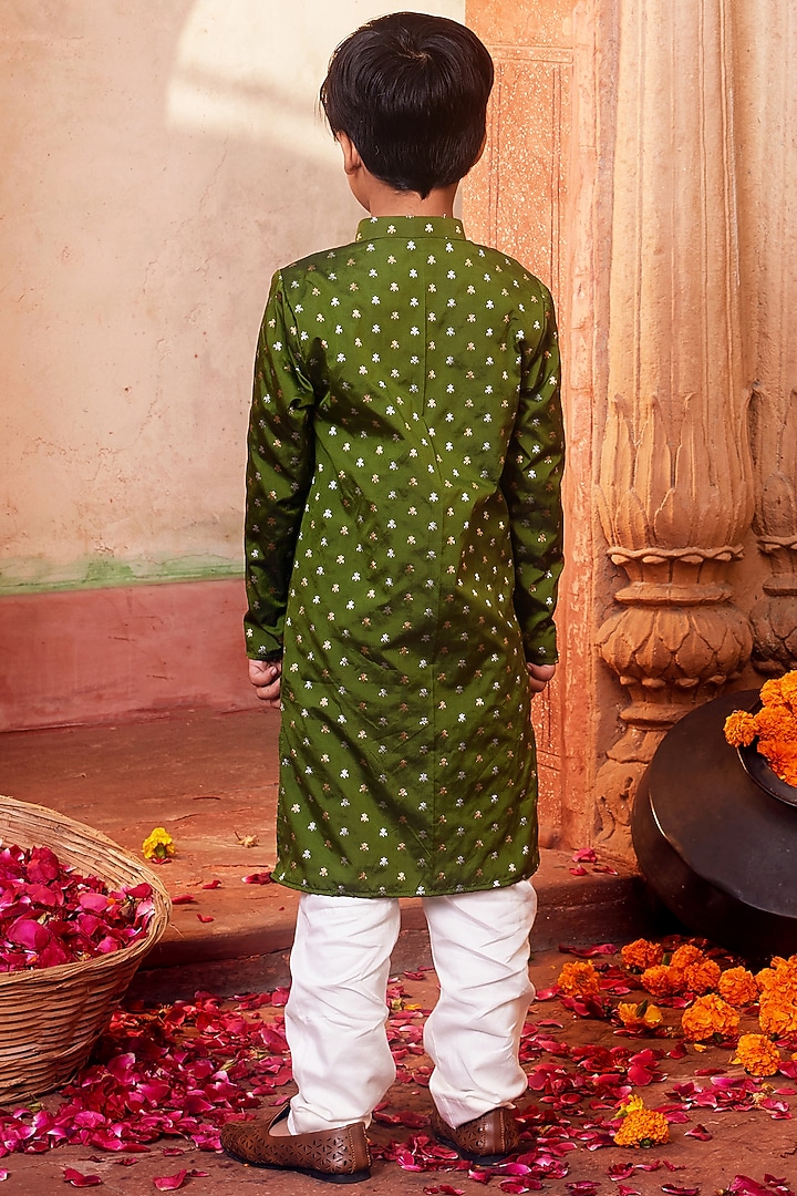 Green Banarasi Silk Kurta Set For Boys by Chotibuti at Pernia's Pop Up Shop