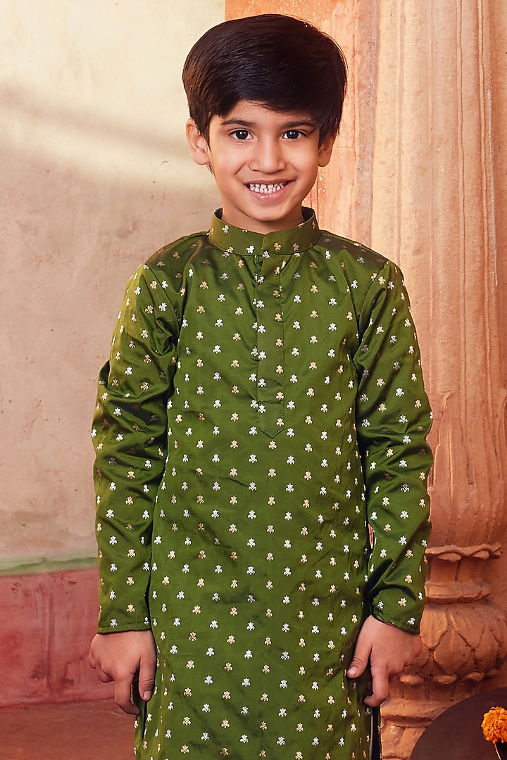 Green Banarasi Silk Kurta Set For Boys by Chotibuti at Pernia's Pop Up Shop