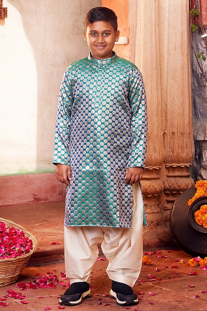 Sky Blue Banarasi Silk Kurta Set For Boys by Chotibuti at Pernia's Pop Up Shop