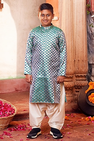 Sky Blue Banarasi Silk Kurta Set For Boys by Chotibuti