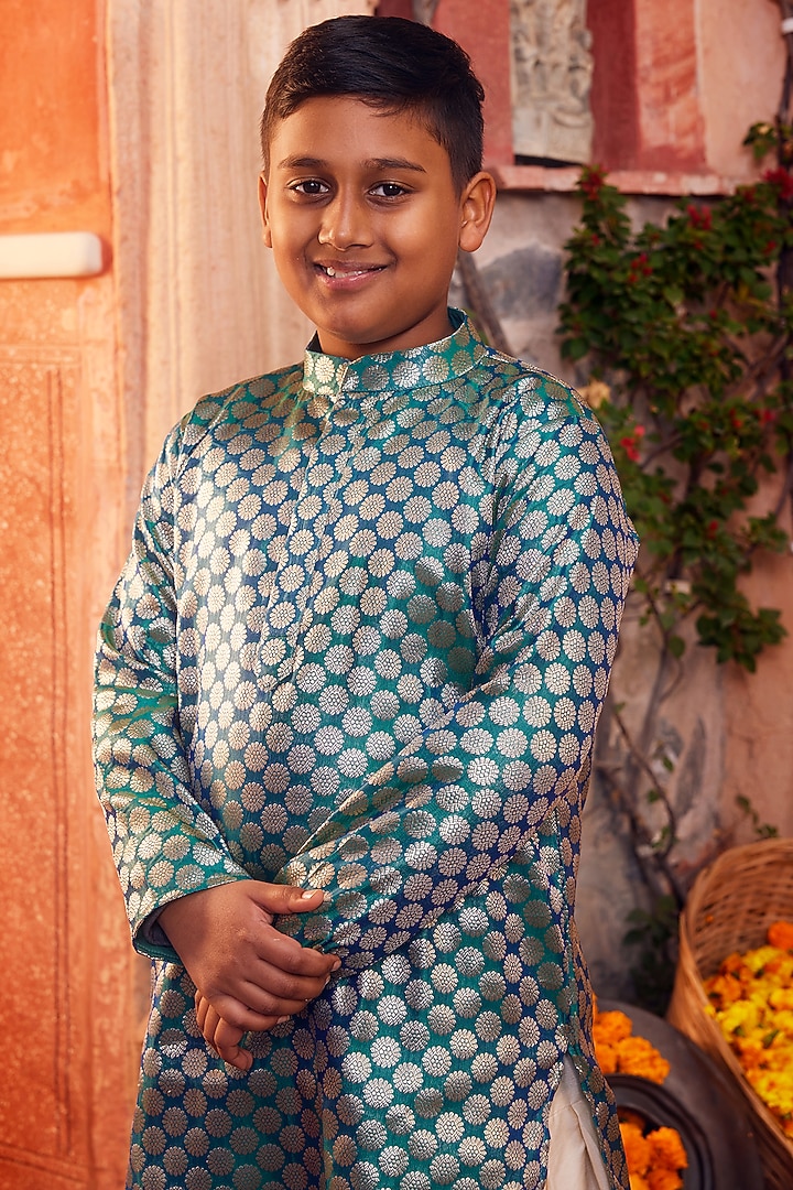 Sky Blue Banarasi Silk Kurta Set For Boys by Chotibuti at Pernia's Pop Up Shop