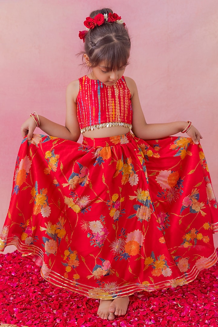 Red Chanderi Floral Printed Lehenga Set For Girls by Chotibuti at Pernia's Pop Up Shop