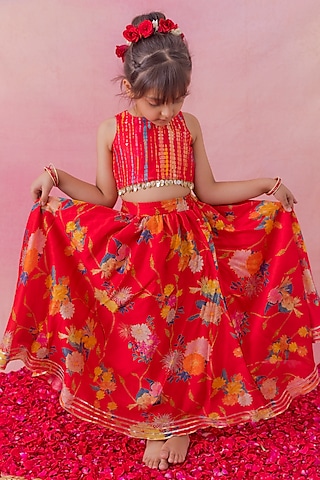 Red Chanderi Floral Printed Lehenga Set For Girls by Chotibuti