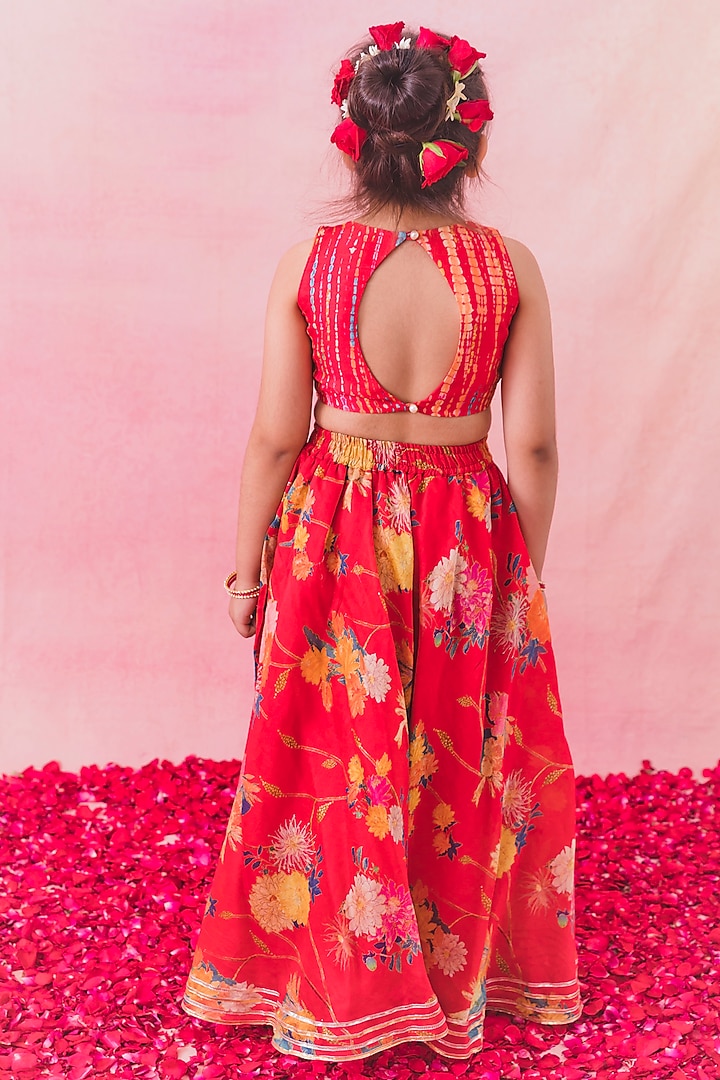 Red Chanderi Floral Printed Lehenga Set For Girls by Chotibuti at Pernia's Pop Up Shop