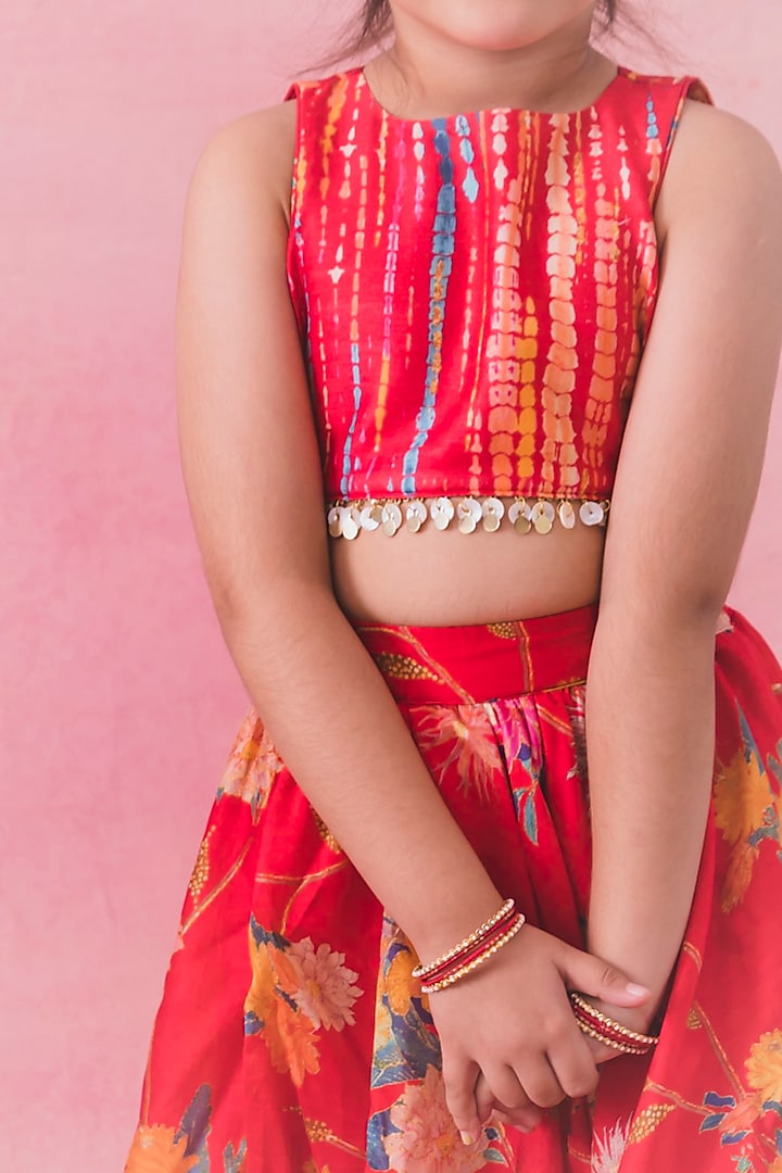 Red Chanderi Floral Printed Lehenga Set For Girls by Chotibuti at Pernia's Pop Up Shop