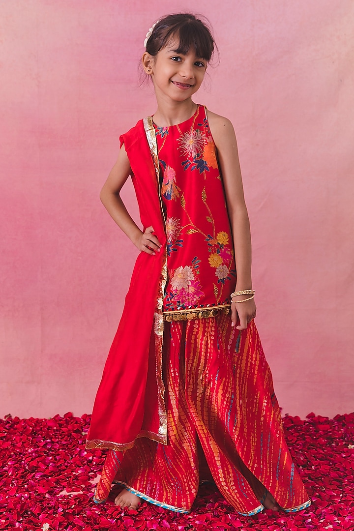 Red Chanderi Sharara Set For Girls by Chotibuti at Pernia's Pop Up Shop