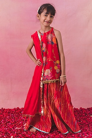Red Chanderi Sharara Set For Girls by Chotibuti