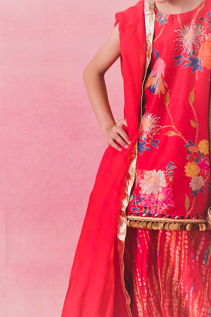 Red Chanderi Sharara Set For Girls by Chotibuti at Pernia's Pop Up Shop
