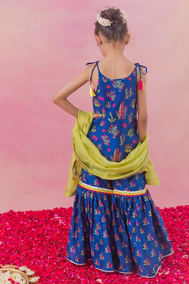 Blue Chanderi Floral Printed Sharara Set For Girls by Chotibuti at Pernia's Pop Up Shop