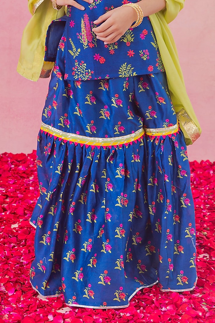 Blue Chanderi Floral Printed Sharara Set For Girls by Chotibuti at Pernia's Pop Up Shop