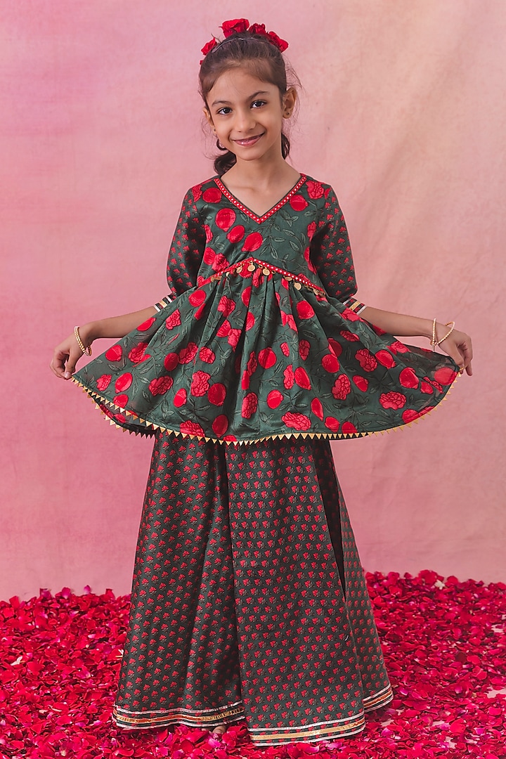 Green Chanderi Printed Sharara Set For Girls by Chotibuti at Pernia's Pop Up Shop