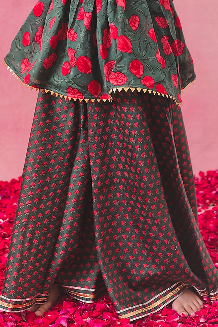 Green Chanderi Printed Sharara Set For Girls by Chotibuti at Pernia's Pop Up Shop
