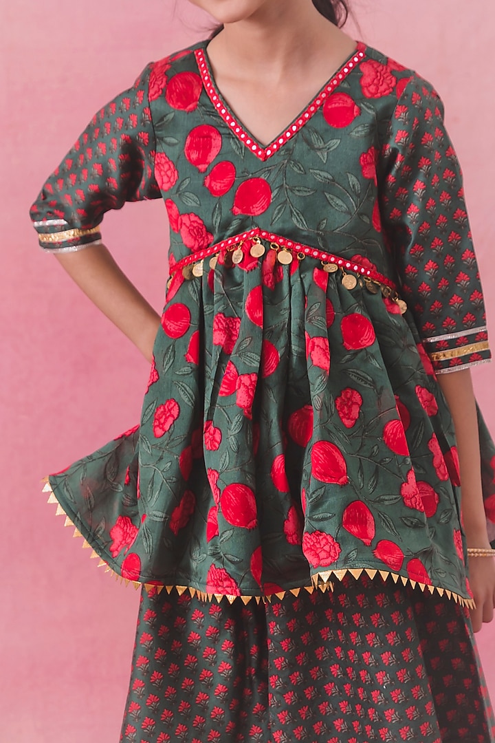 Green Chanderi Printed Sharara Set For Girls by Chotibuti at Pernia's Pop Up Shop
