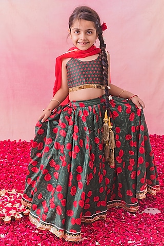 Green Georgette & Art Crepe Floral Printed Lehenga Set For Girls by Chotibuti