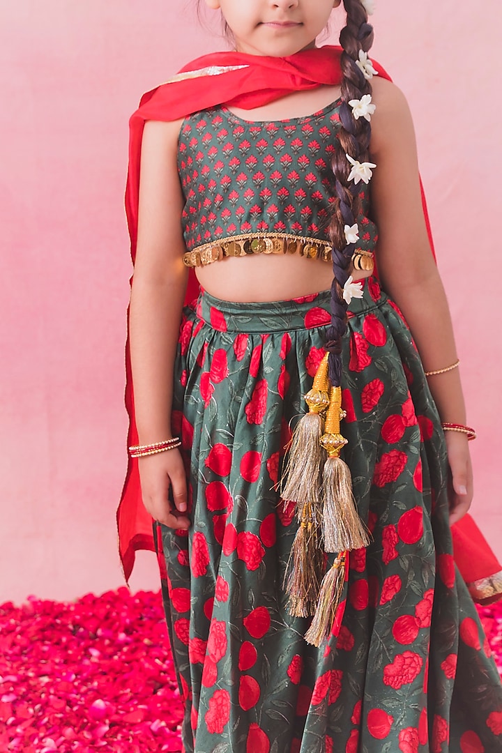 Green Georgette & Art Crepe Floral Printed Lehenga Set For Girls by Chotibuti at Pernia's Pop Up Shop