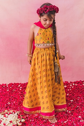 Yellow Chanderi Floral Printed Lehenga Set For Girls by Chotibuti