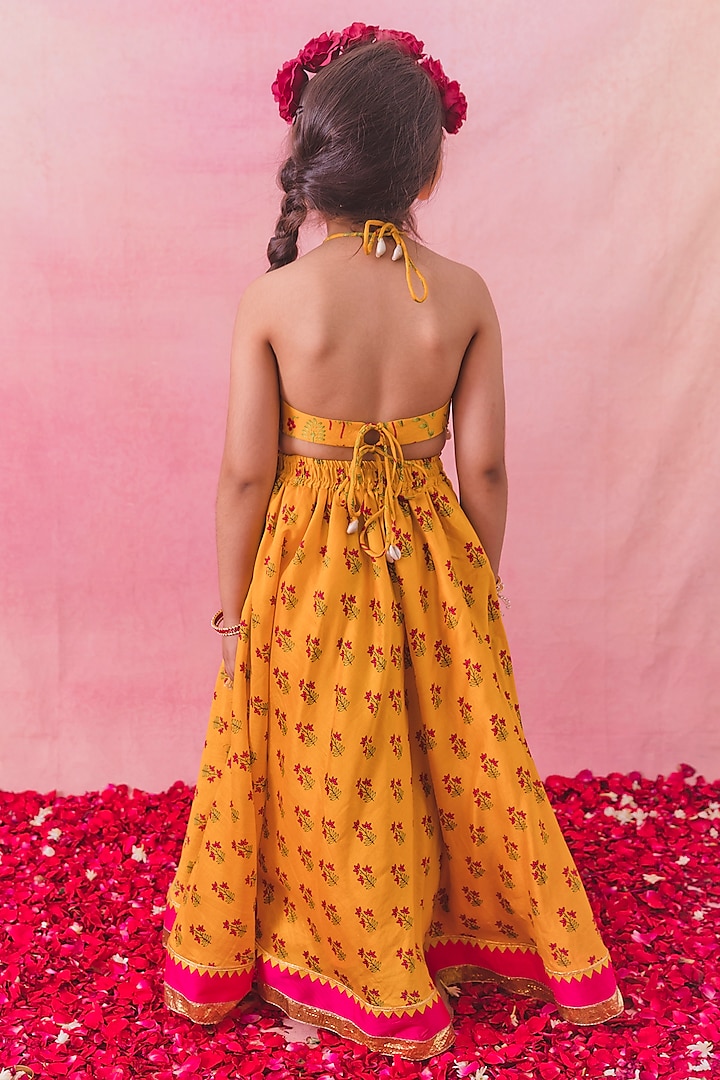 Yellow Chanderi Floral Printed Lehenga Set For Girls by Chotibuti at Pernia's Pop Up Shop