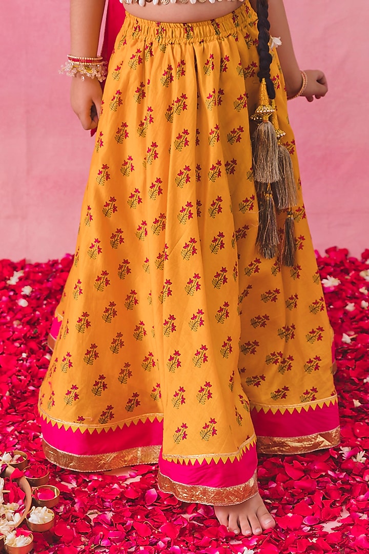 Yellow Chanderi Floral Printed Lehenga Set For Girls by Chotibuti at Pernia's Pop Up Shop