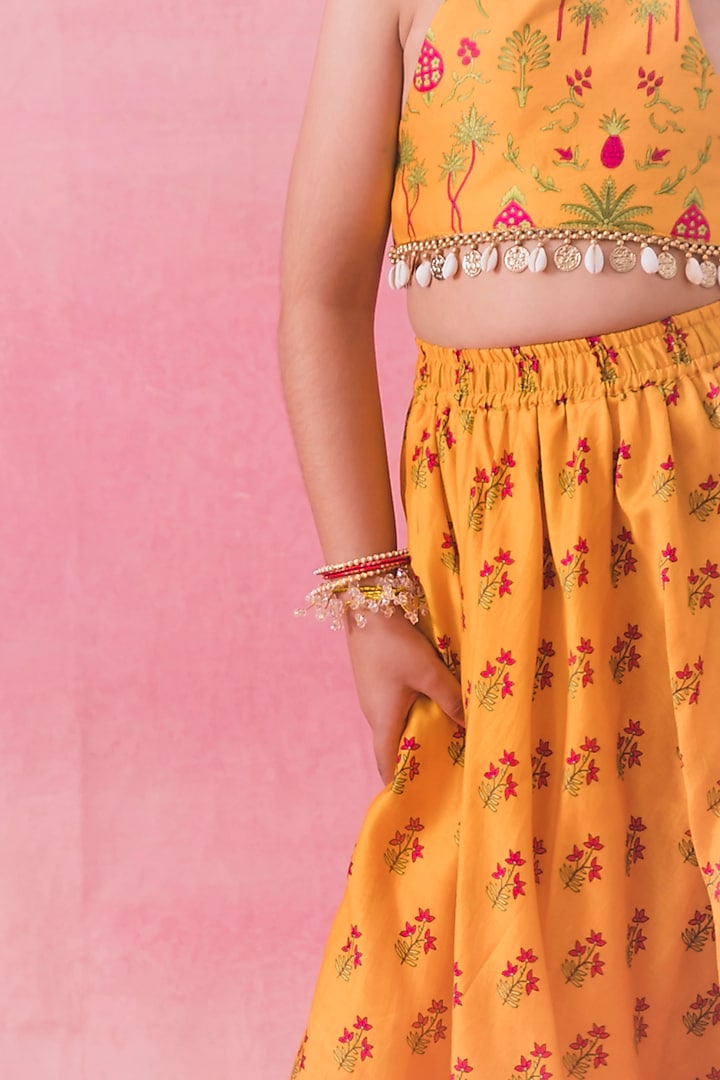 Yellow Chanderi Floral Printed Lehenga Set For Girls by Chotibuti at Pernia's Pop Up Shop