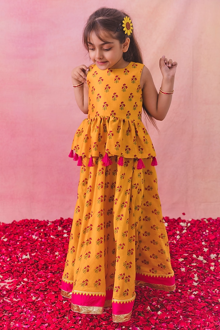 Yellow Chanderi Printed Sharara Set For Girls by Chotibuti