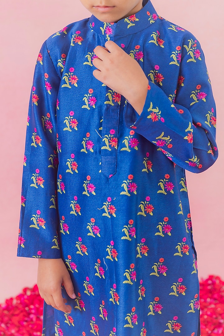 Blue Chanderi Printed Kurta Set For Boys by Chotibuti at Pernia's Pop Up Shop