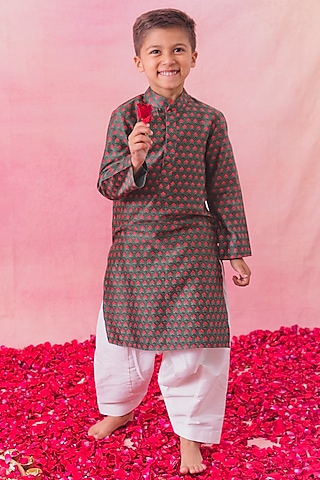 Green Chanderi Kurta Set For Boys by Chotibuti