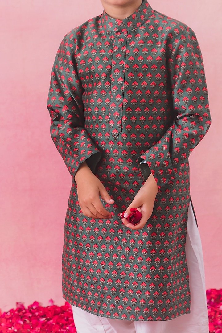 Green Chanderi Kurta Set For Boys by Chotibuti at Pernia's Pop Up Shop