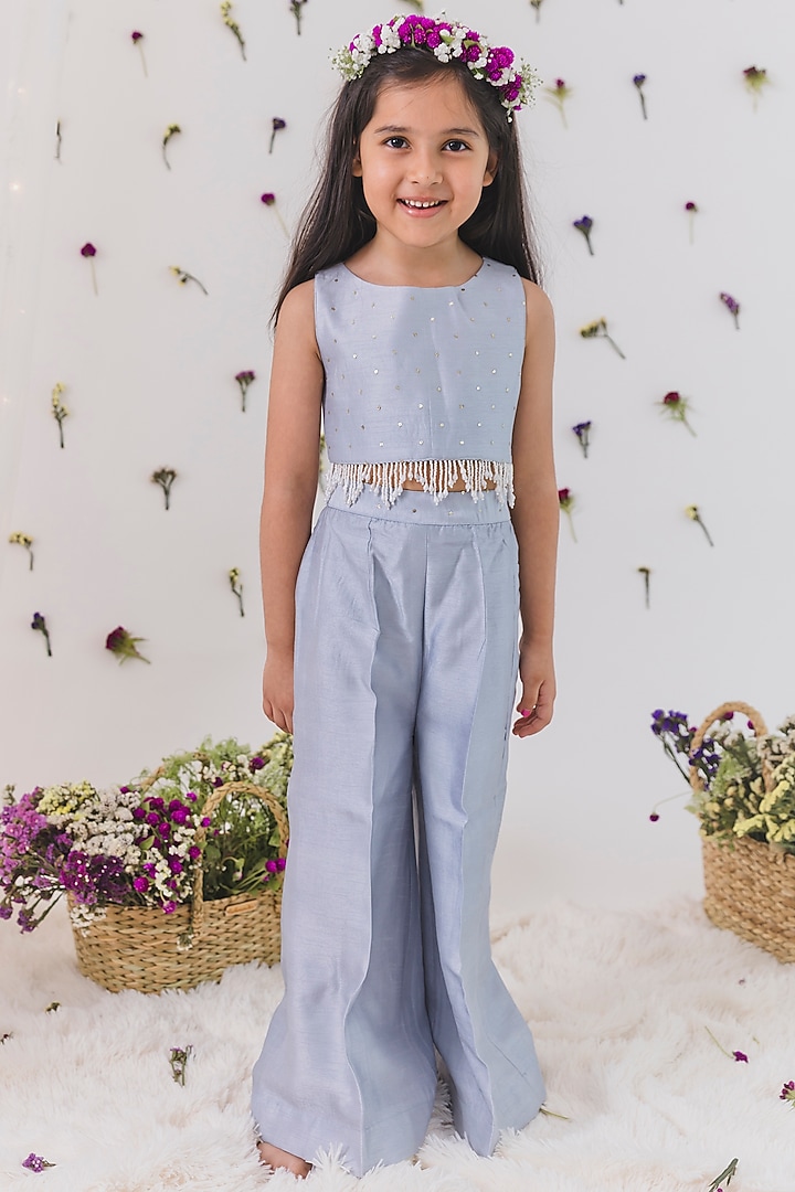 Steel Grey Raw Silk Flared Pant Set For Girls by Chotibuti at Pernia's Pop Up Shop
