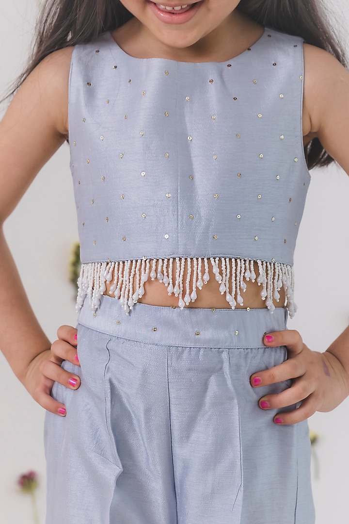 Steel Grey Raw Silk Flared Pant Set For Girls by Chotibuti at Pernia's Pop Up Shop