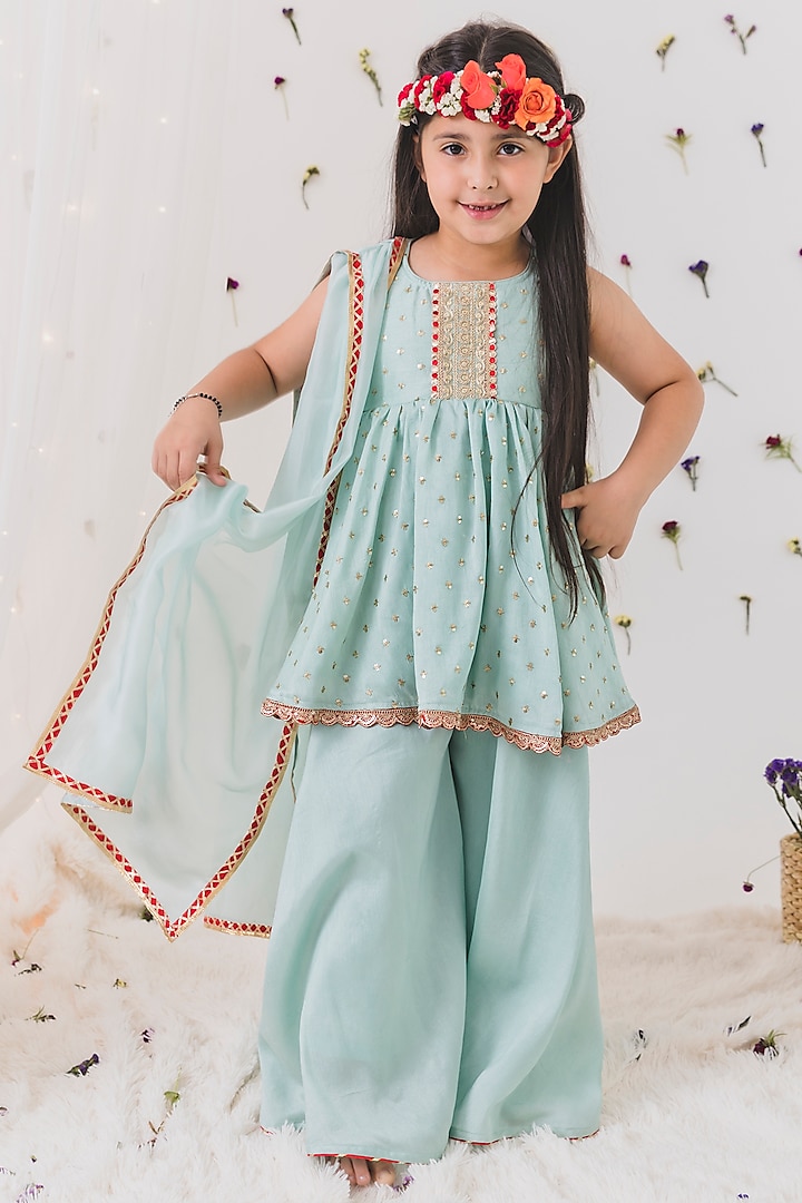 Sage Green Silk Sharara Set For Girls by Chotibuti