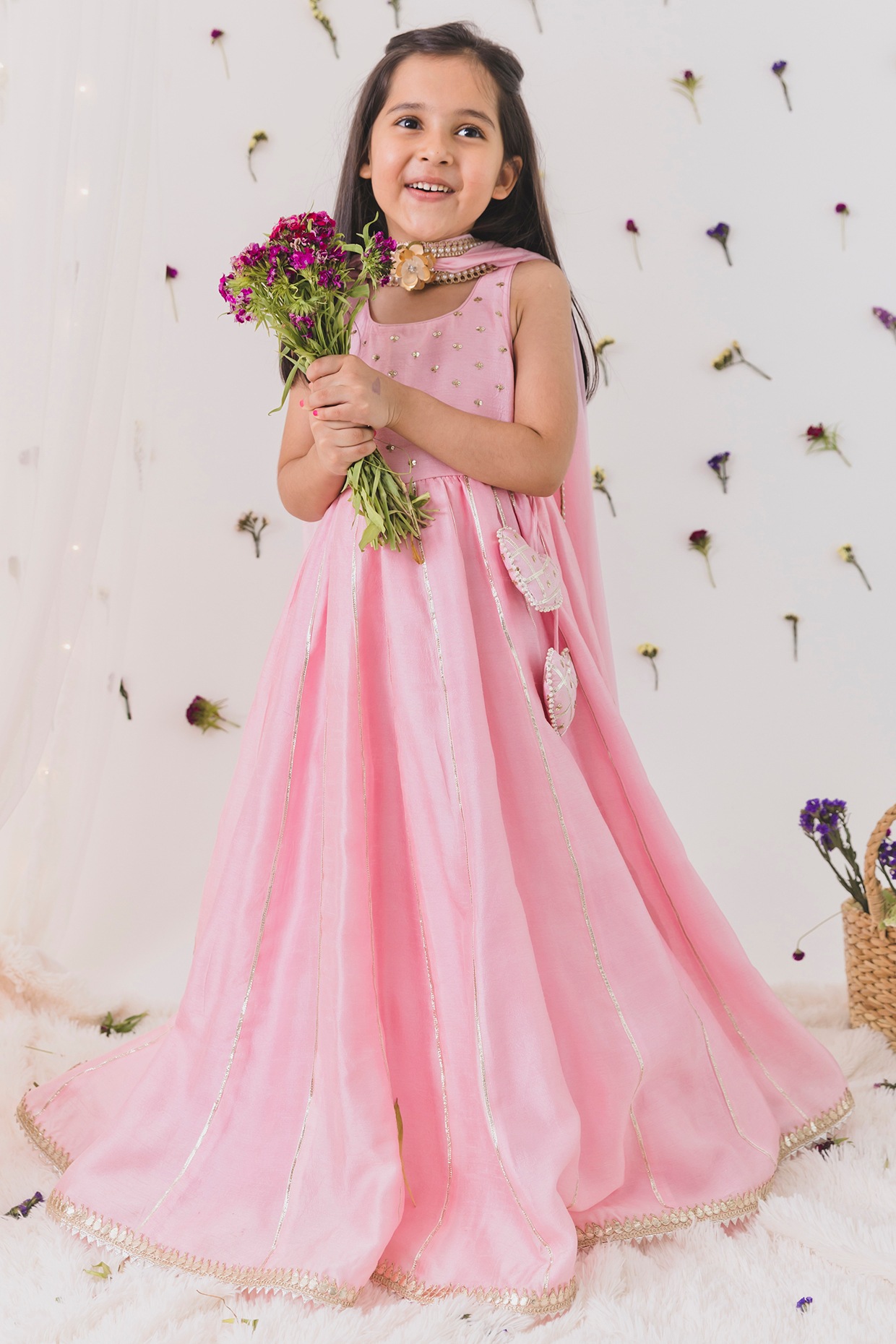 Radiant Baby Pink Shimmer Satin Gown with Cut Dana and Pearl Adornment –  Kala Emporium