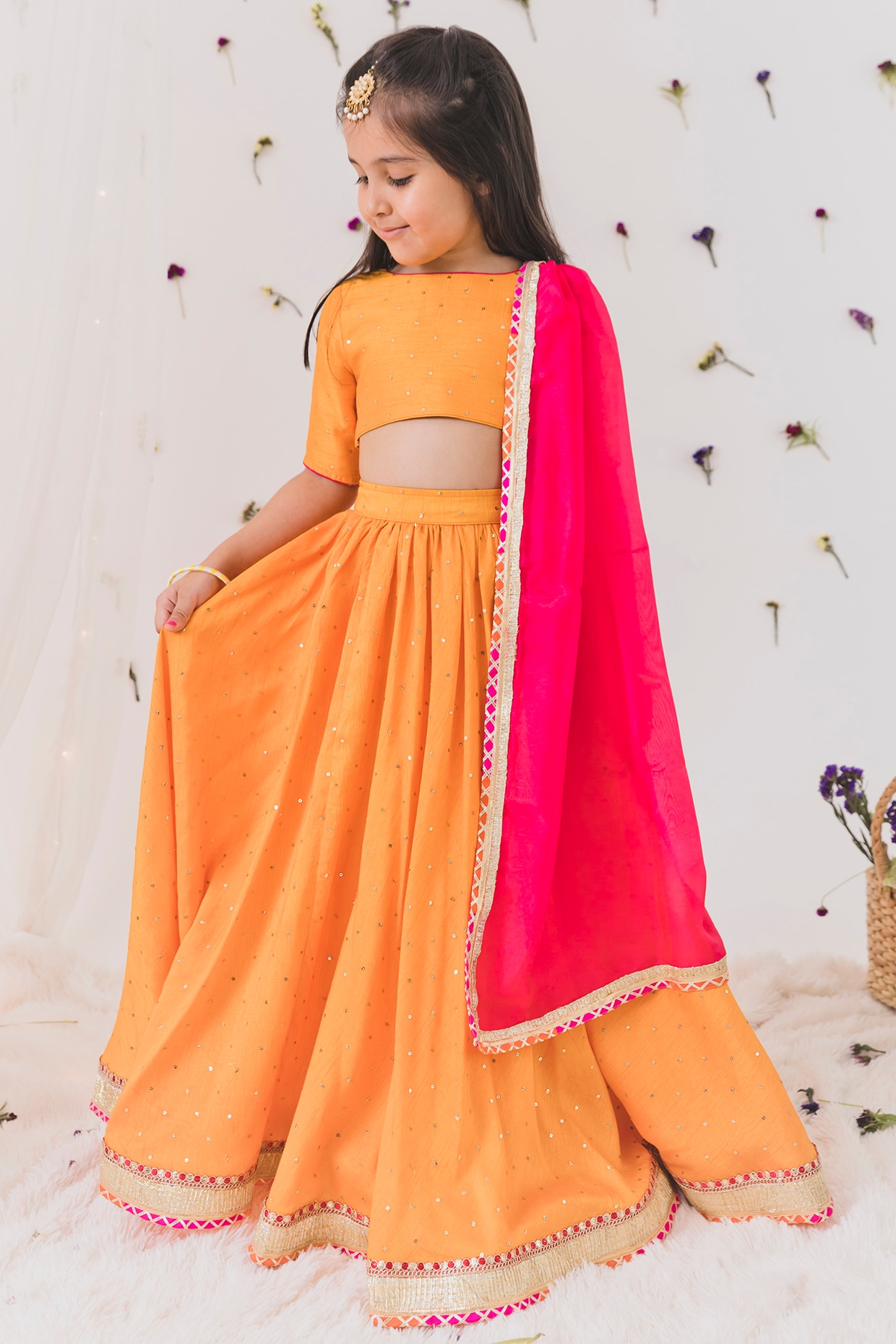 Orange Silk Thread Embroidered Traditional Lehenga Choli Set – Stanwells  Kids