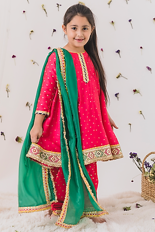 Hot Pink Silk Anarkali Set For Girls by Chotibuti