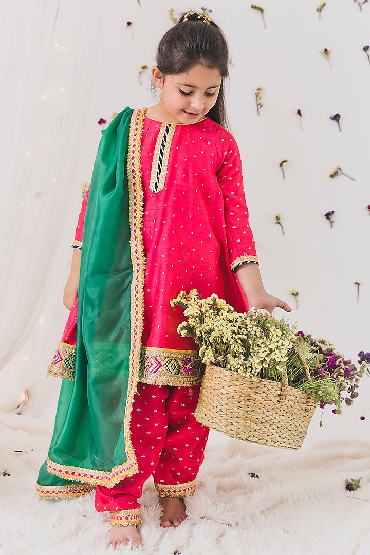 Hot Pink Silk Anarkali Set For Girls by Chotibuti at Pernia's Pop Up Shop
