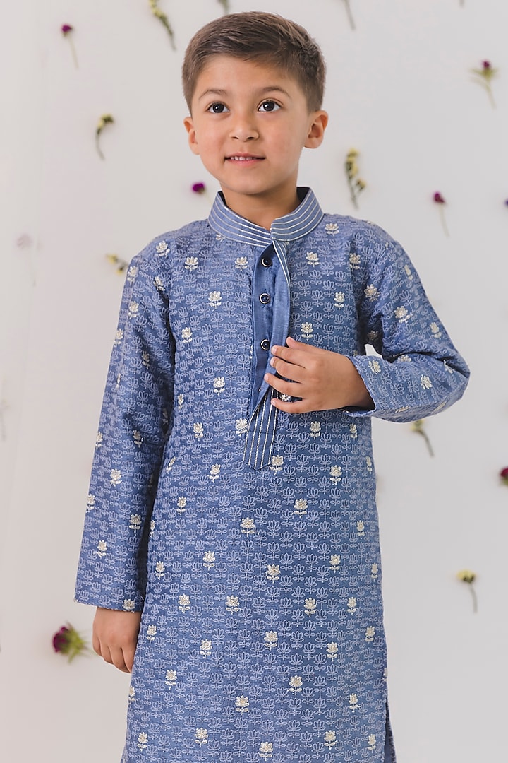 Grey Tussar Silk Embroidered Kurta Set For Boys by Chotibuti at Pernia's Pop Up Shop