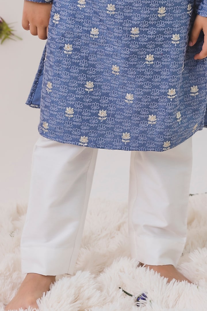 Grey Tussar Silk Embroidered Kurta Set For Boys by Chotibuti at Pernia's Pop Up Shop