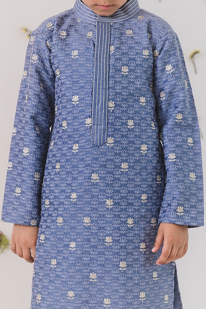Grey Tussar Silk Embroidered Kurta Set For Boys by Chotibuti at Pernia's Pop Up Shop