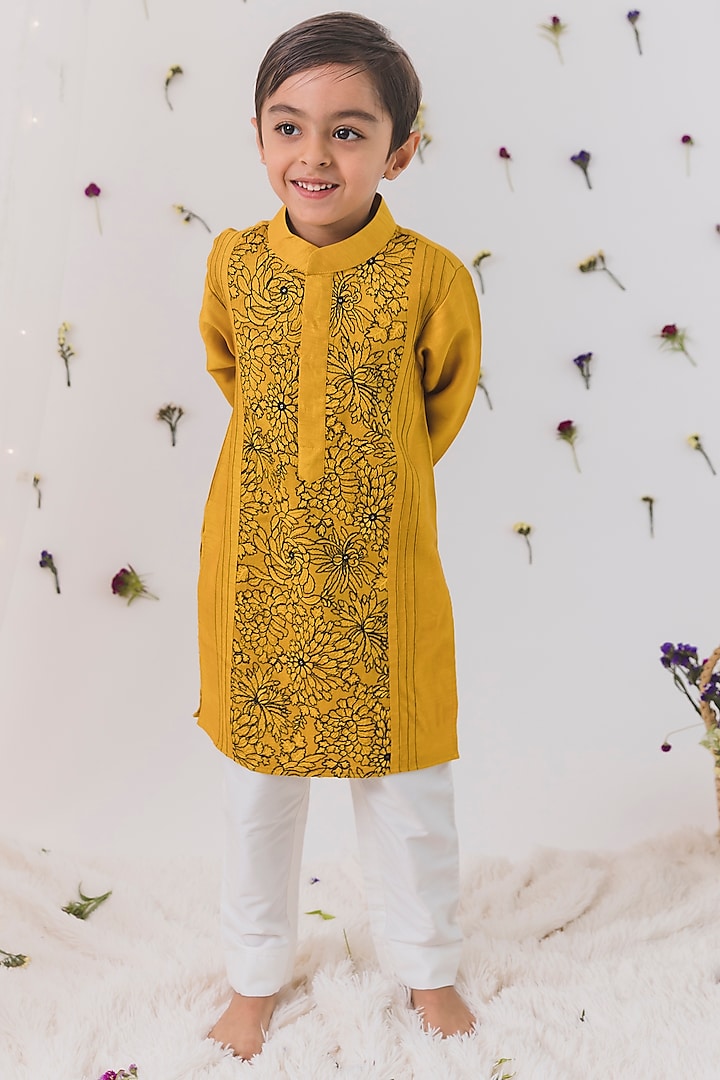 Mustard Silk Embroidered Kurta Set For Boys by Chotibuti