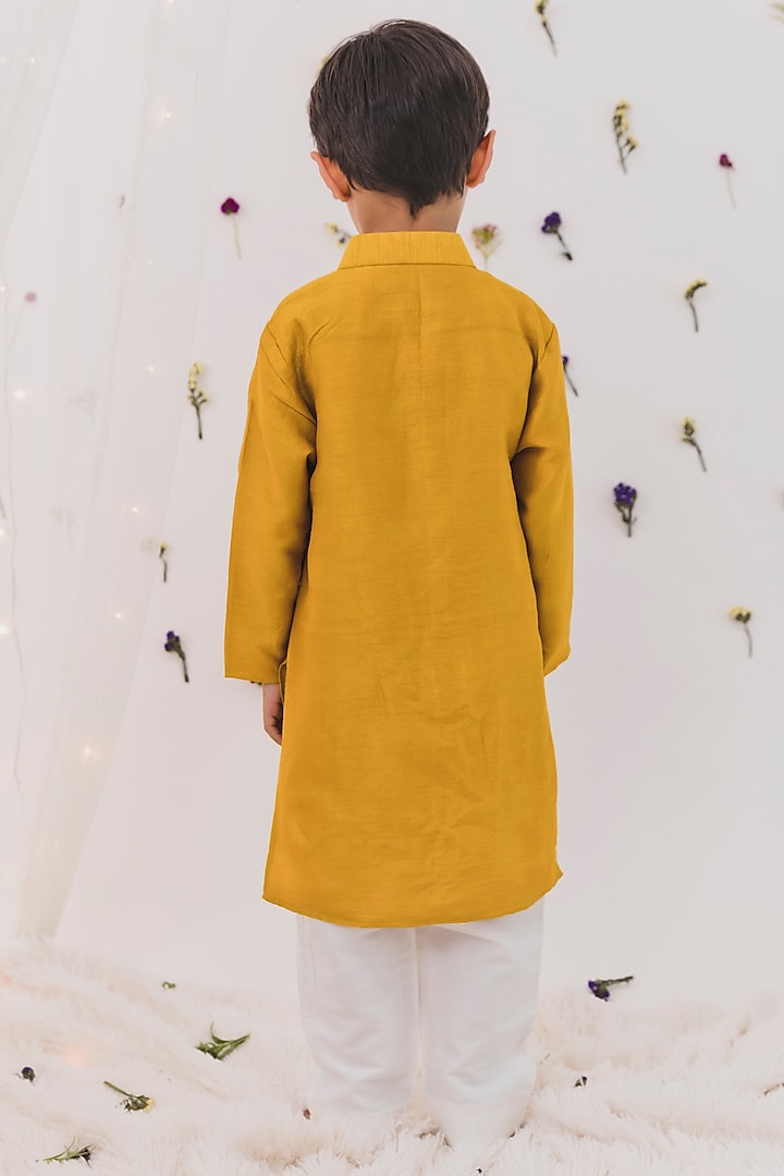 Mustard Silk Embroidered Kurta Set For Boys by Chotibuti at Pernia's Pop Up Shop