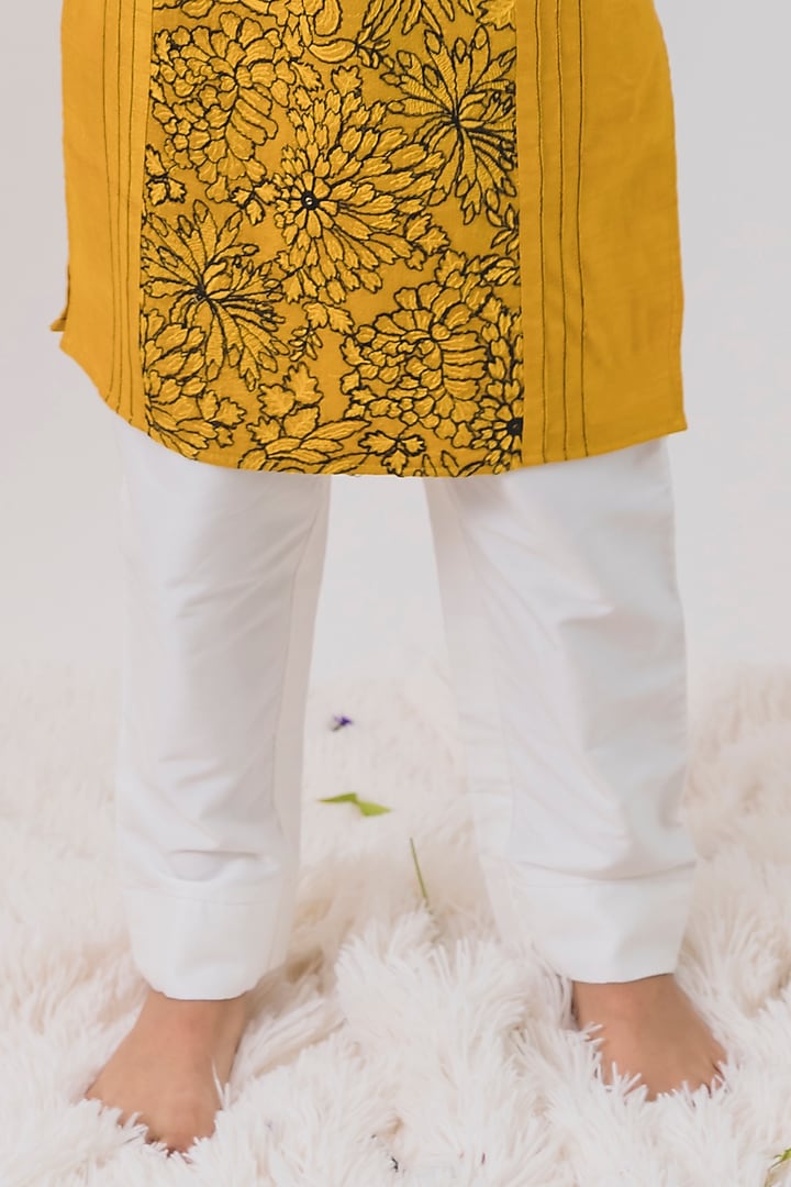 Mustard Silk Embroidered Kurta Set For Boys by Chotibuti at Pernia's Pop Up Shop