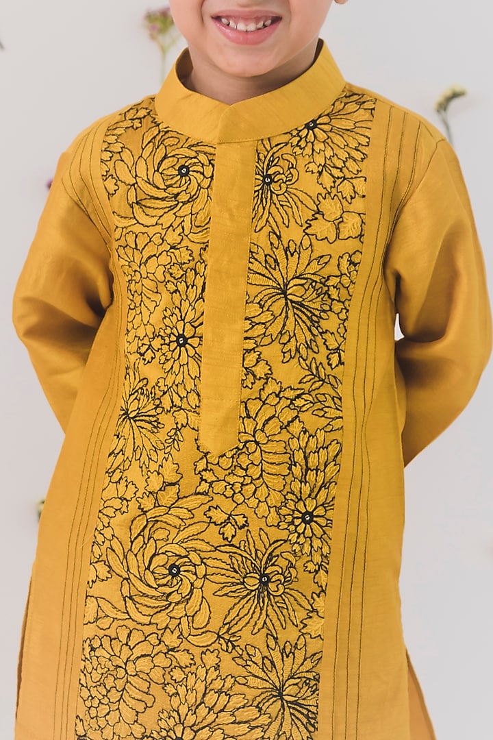 Mustard Silk Embroidered Kurta Set For Boys by Chotibuti at Pernia's Pop Up Shop