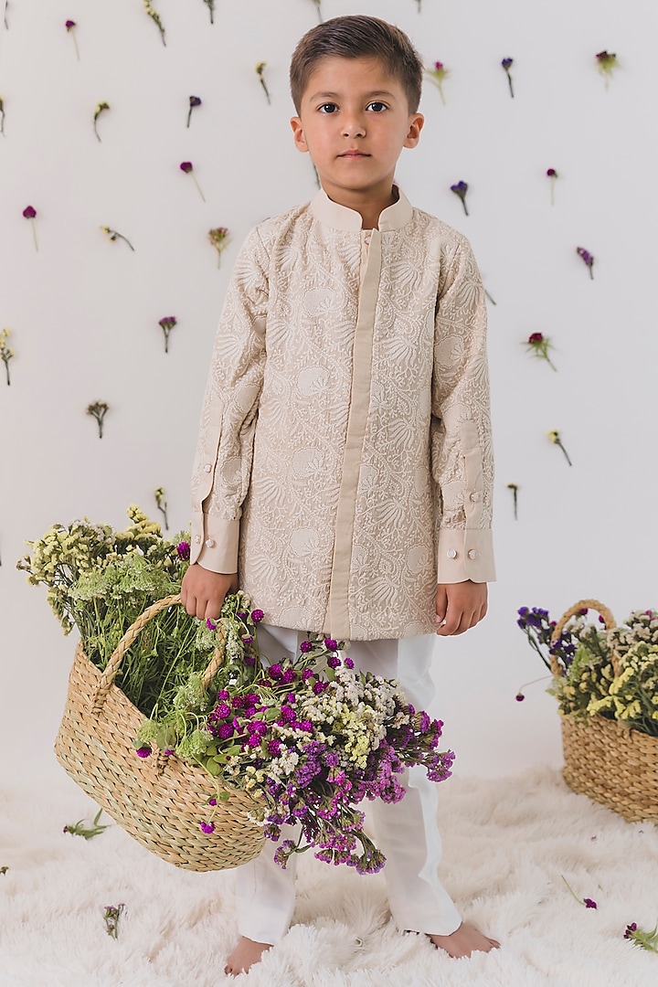 Off-White Moonga Silk Pant Set For Boys by Chotibuti