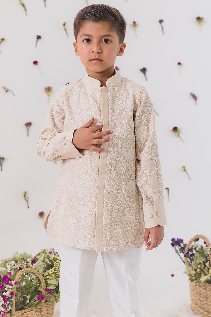 Off-White Moonga Silk Pant Set For Boys by Chotibuti at Pernia's Pop Up Shop