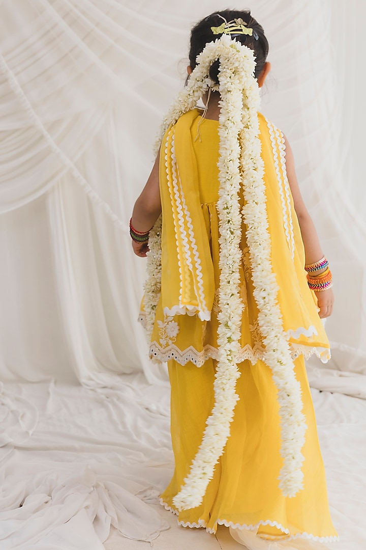 Yellow Mul Chanderi Thread Embroidered Sharara Set For Girls by Chotibuti at Pernia's Pop Up Shop