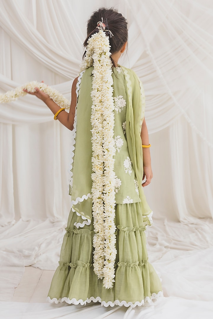Green Mul Chanderi Thread Embroidered Sharara Set For Girls by Chotibuti at Pernia's Pop Up Shop