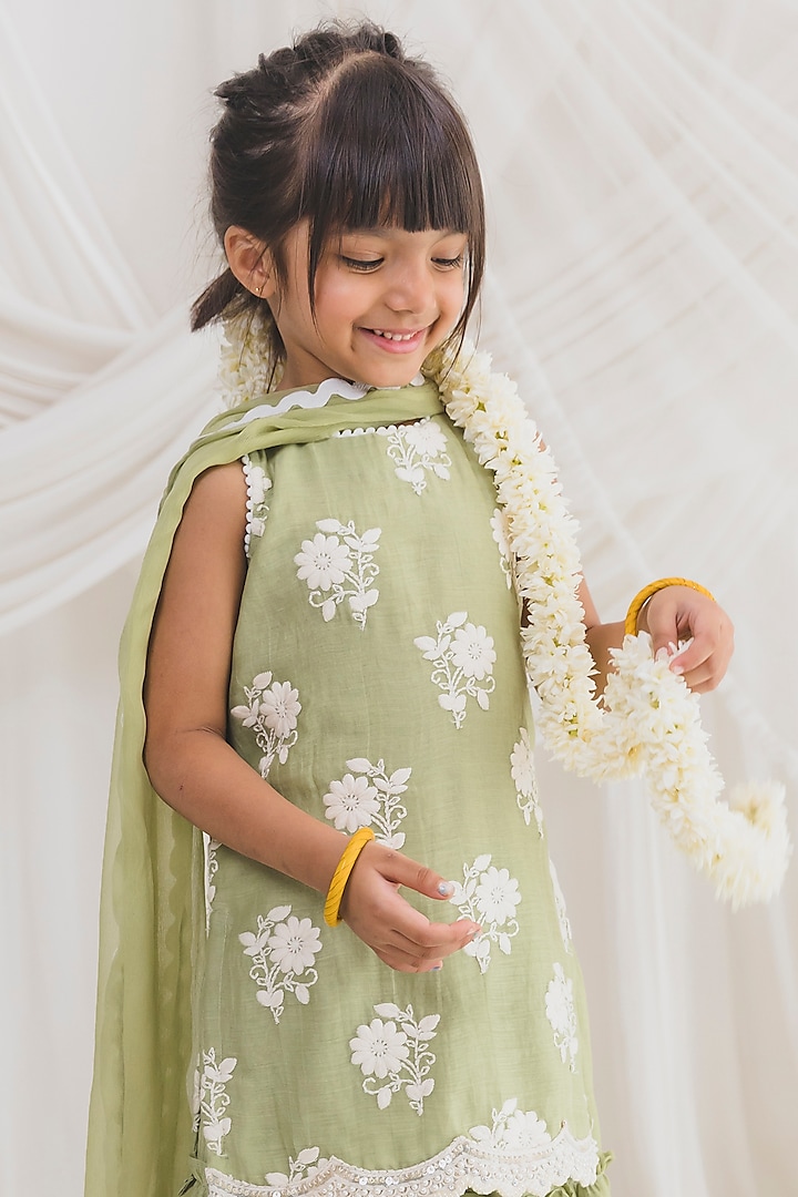 Green Mul Chanderi Thread Embroidered Sharara Set For Girls by Chotibuti at Pernia's Pop Up Shop