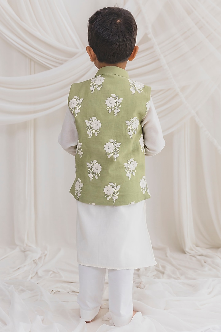 Green Mul Chanderi Embroidered Bundi Jacket Set For Boys by Chotibuti at Pernia's Pop Up Shop