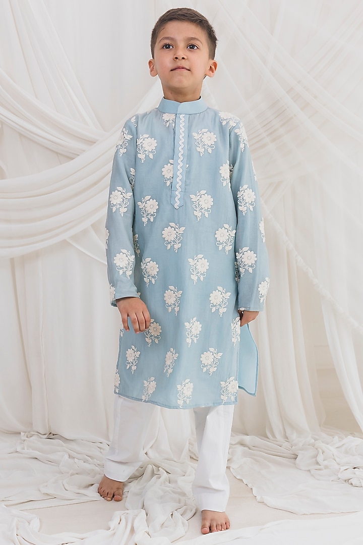 Blue Mul Chanderi Embroidered Kurta Set For Boys by Chotibuti at Pernia's Pop Up Shop