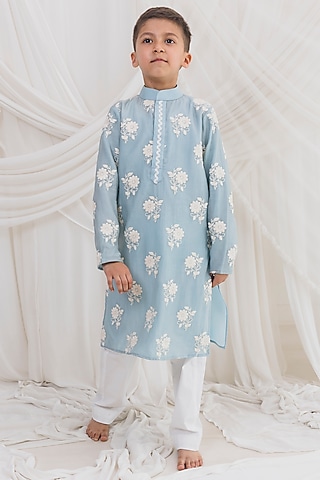 Blue Mul Chanderi Embroidered Kurta Set For Boys by Chotibuti