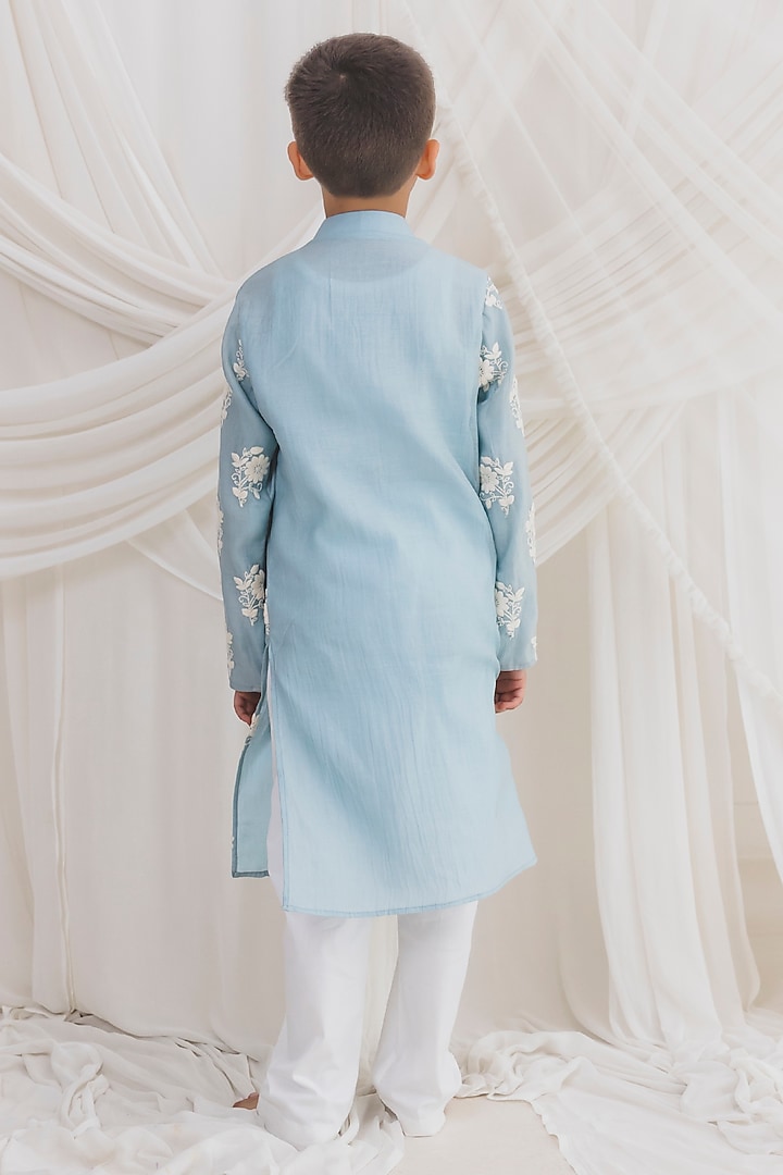 Blue Mul Chanderi Embroidered Kurta Set For Boys by Chotibuti at Pernia's Pop Up Shop